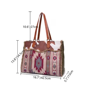 Large Bohemian canvas tote bag with dimensions: 42.5cm x 34.5cm x 13cm