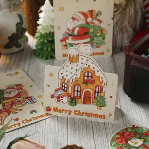 Handgezeichnete Vintage-Weihnachtskarte mit einem bunten Lebkuchenhaus und einem Schneemann.