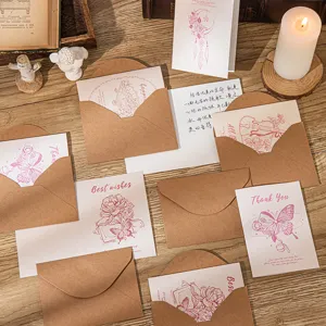 Vintage Kraft Paper Greeting Card With Envelope Retro Floral Butterfly Illustration Best Wishes Message Postcards For Teacher Student Gift