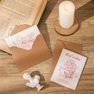 Retro kraft paper greeting cards set featuring vintage red illustrations and kraft envelopes