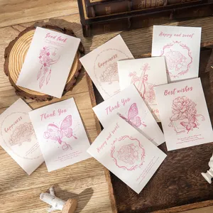 Vintage literary style postcards with pink floral and butterfly illustrations