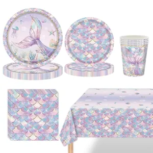 Ensemble de Fournitures de Fête d'Anniversaire Thème Sirène Vaisselle Jetable Assiettes Gobelets Serviettes Nappe pour Filles