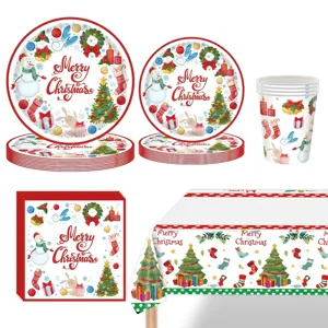 Watercolor Christmas Tableware Watercolor Snowman Tree Print Party Dining Supplies Plates Cups Napkins Tablecloth Decoration