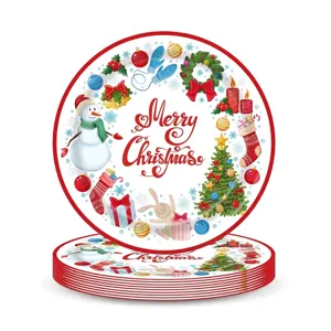 Stacked Christmas disposable paper plates with snowman and tree patterns for parties.