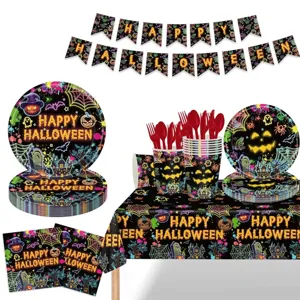 Vajilla de Fiesta de Halloween de Neón Platos de Papel Desechables Vasos Servilletas Cubiertos de Plástico Mantel Banner Calabaza Murciélago Patrón de Castillo