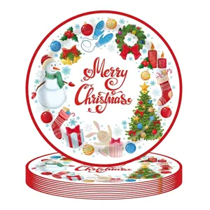 Detail of festive disposable paper plates with watercolor snowman and tree patterns