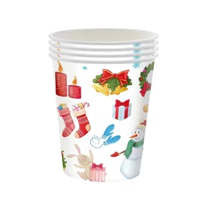 Detail of watercolor Christmas patterns on white disposable paper cups for parties.
