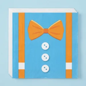 Détail des serviettes en papier bleues sur le thème du smoking pour les fêtes
