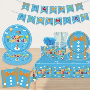 Ensemble de Vaisselle de Fête d'Anniversaire Thème Professeur d'Anglais Assiettes en Papier Bleu Gobelets Serviettes Bannière