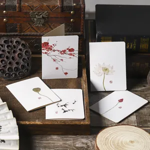 Tarjetas de Felicitación Vintage Estilo Chino Tradicional Pintura Tinta Loto Ciruelo Diseño Artesanal Tarjetas de Regalo