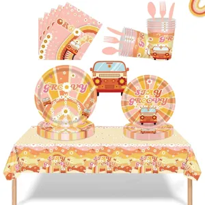 Hippie Madeliefje Partyservies Wegwerpborden Servetten Tafelkleed Bestek Voor Retro Groovy Verjaardagsthema Viering