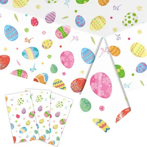 Detailed macro view of colorful Easter egg patterns on disposable PE tablecloth for festive parties