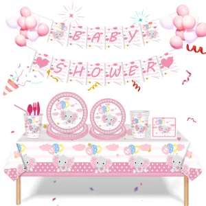 Vaisselle de Fête Éléphant Rose Assiettes Gobelets Serviettes Nappe Bannière pour Baby Shower Décoration d'Anniversaire