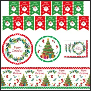 Merry Christmas Wegwerp Feest Servies Set Kerstman Kerstboom Krans Bedrukte Papieren Borden Bekers Servetten Banners Tafelkleed Voor Kerst Decoratie