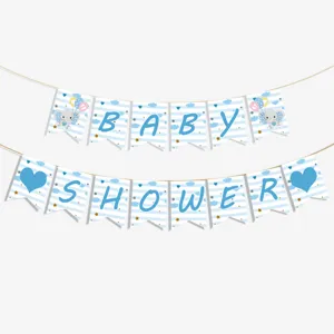 Blauw-wit gestreepte baby shower slinger met schattige olifant- en hartmotieven
