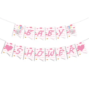 Vue détaillée de la bannière Baby Shower sur le thème des éléphants roses et rayures