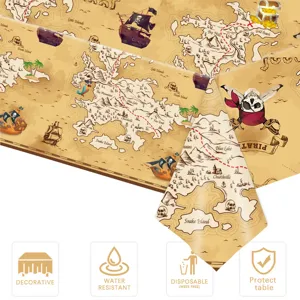 Close-up of pirate map tablecloth detail with waterproof and disposable feature icons