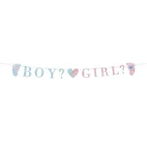 Bannière pailletée BOY or GIRL avec empreintes pour fête de révélation de genre