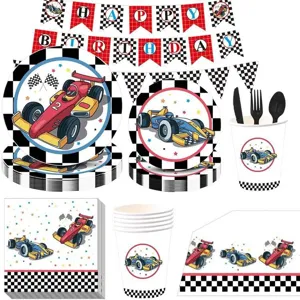 Ensemble Vaisselle de Fête Anniversaire Thème Voiture de Course Assiettes Gobelets Serviettes à Damiers pour Garçons