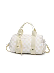 Beige and white checkered barrel travel bag with top handles and woven tassel detail