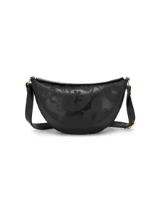 Vista detallada de un bolso bandolera vintage negro grabado con forma de luna