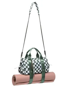 Green checkered multi-functional duffel bag with bottom yoga mat holder and shoulder strap