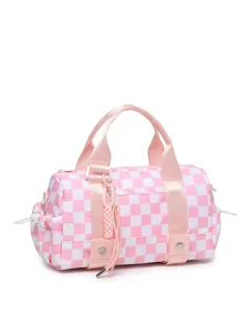 Detail of pink and white checkered multifunctional travel bag with woven handles