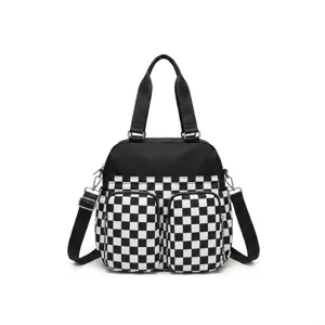 Bolso de viaje impermeable con cuadros blancos y negros y múltiples bolsillos para fitness