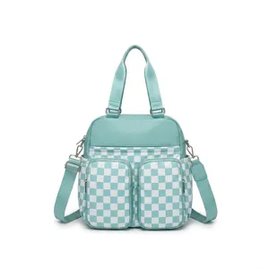 Bolsa de viaje impermeable a cuadros turquesa y blanco con múltiples bolsillos y correas
