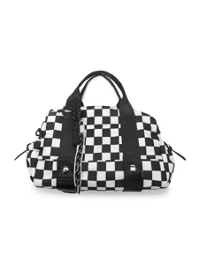 Front view detail of a checkerboard travel duffel bag with black straps.