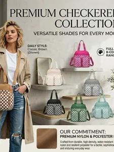 Bolso de Viaje Impermeable con Múltiples Bolsillos para Mujer Gran Capacidad de Nailon Tote Bolso de Hombro Patrón de Tablero de Ajedrez Bolso de Gimnasia