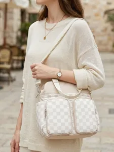 Bolso bandolera de viaje impermeable a cuadros crema con múltiples bolsillos para mujer