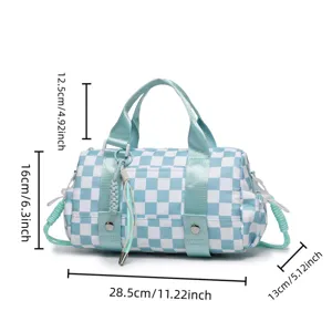 Checkerboard travel bag with dimensions close-up detail view