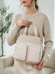Bolso bandolera impermeable a cuadros beige con múltiples bolsillos para viajes