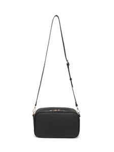 Bolso bandolera negro de cuero granulado con cremalleras dobles doradas y correa ajustable