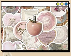 Vista macro dettagliata di adesivi decorativi in stile palazzo vintage per lo scrapbooking
