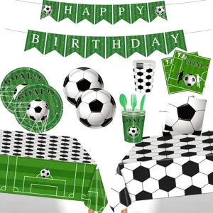 Ensemble complet de vaisselle de fête thème football avec bannière plats et nappes