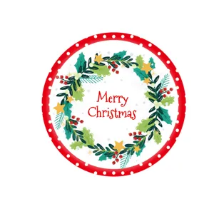 Detailweergave van kerst papieren bord met bloemenkrans en Merry Christmas tekst