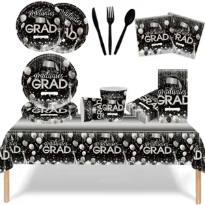 Fournitures de Fête de Remise des Diplômes Noir Argent Vaisselle Jetable Assiettes Gobelets Serviettes Nappe Pailles Couverts pour Cérémonie