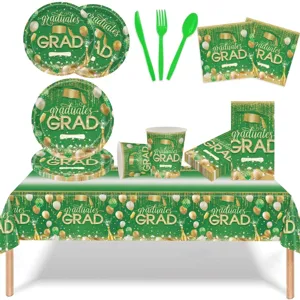 Ensemble Vaisselle Jetable Fête Remise Diplômes Vert Assiettes Papier Gobelets Serviettes Nappe Décoration Toque