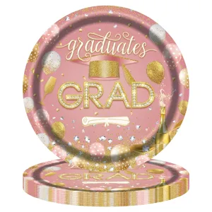 Detailansicht rosa Abschluss-Pappteller mit goldenem Hut und Ballon-Design-Muster