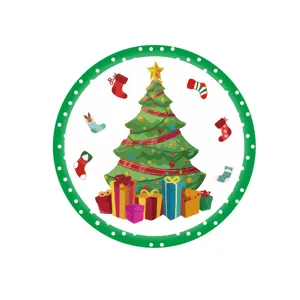 Kerst wegwerpbord van papier met illustratie van boom en cadeaus
