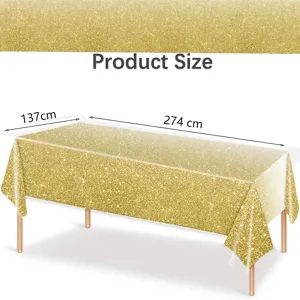 Gold glitter disposable PE tablecloth for birthday parties, size 137x274cm detail view.
