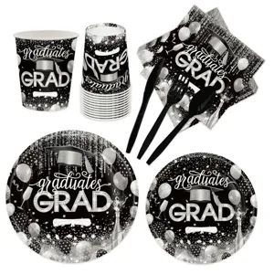 Set de vaisselle de fête de remise des diplômes noir et argent avec assiettes