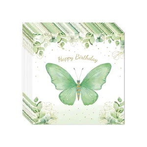 Vue détaillée des serviettes de fête thème papillon vert avec texte Happy Birthday