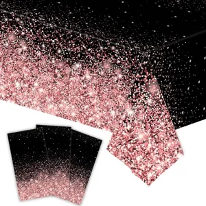 Detailed view of black and rose gold glitter starry sky disposable PE party tablecloth