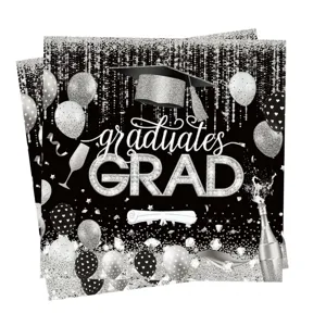 Détail des serviettes de fête de remise des diplômes noir et argent avec GRAD