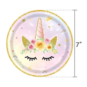 Vue détaillée de l'assiette en papier licorne arc-en-ciel de 7 pouces avec couronne