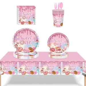 Vaisselle de Fête Anniversaire Thème Beignet Rose Filles Assiettes Gobelets Serviettes Nappe Bannière Couverts Décoration Dessert Enfants