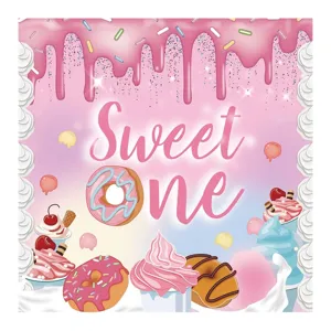 Vue détaillée de la bannière de fond rose sur le thème des donuts Sweet One Party